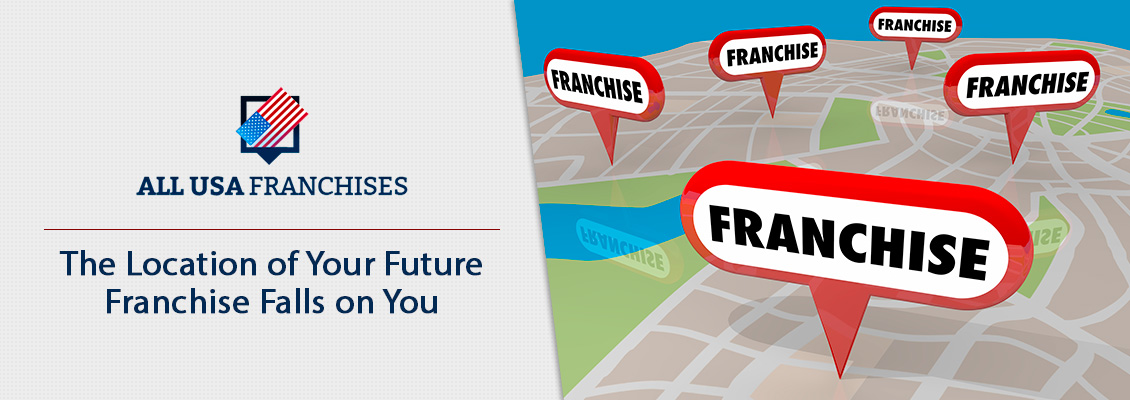 Five Franchise Labeled Location Pins on Map Symbolizing Your Future Franchise Location Falls on You
