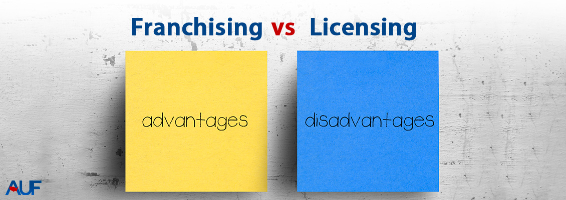 Notes Labeled Advantages on Left and Disadvantages on Right, Highlighting These Conditions Between Franchising vs Licensing