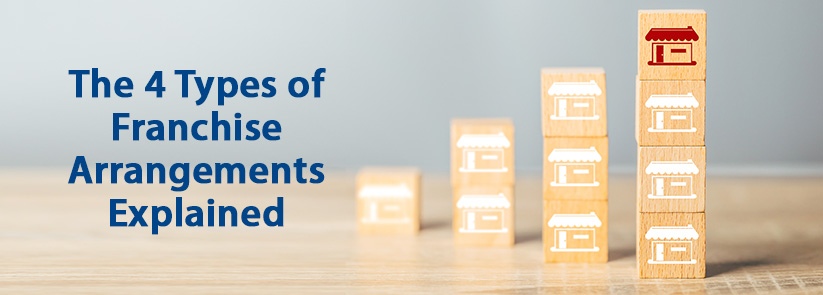 Four Building Blocks Stacked Incrementally Illustrating 4 Types of Franchise Arrangements and Their Comparisons and Differences