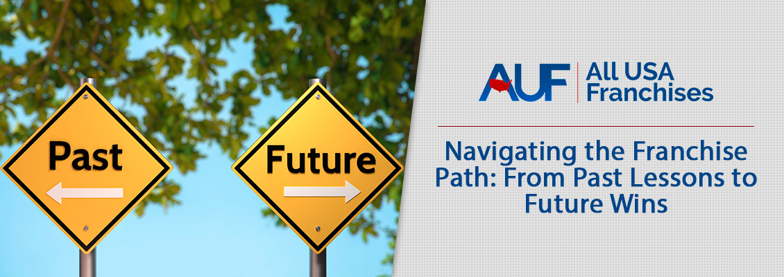 Road Signs Pointing to 'Past Lessons' and 'Future Wins' Which Represent Navigating the Franchise Path to Success