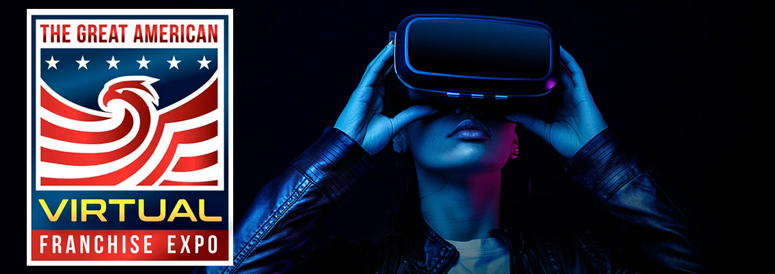 Business Woman With Virtual Reality Glasses in the Online Franchise Expo